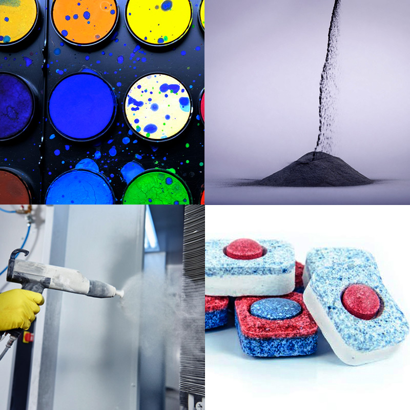 Collage of chemical products: paints, powders, detergents