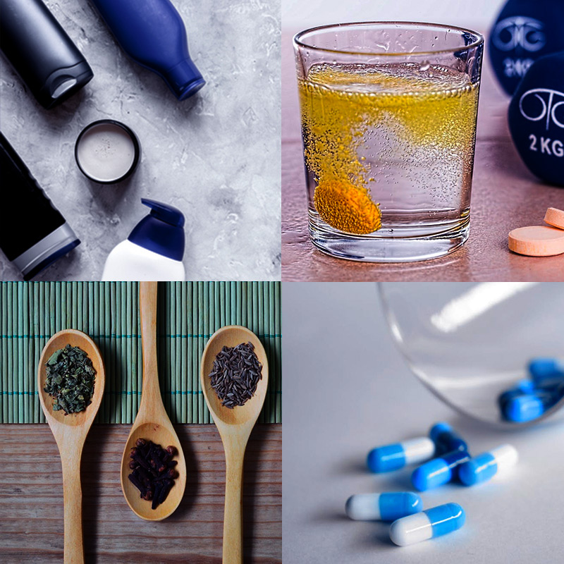 Collage of pharmaceutical products: creams, capsules, pills, herbs