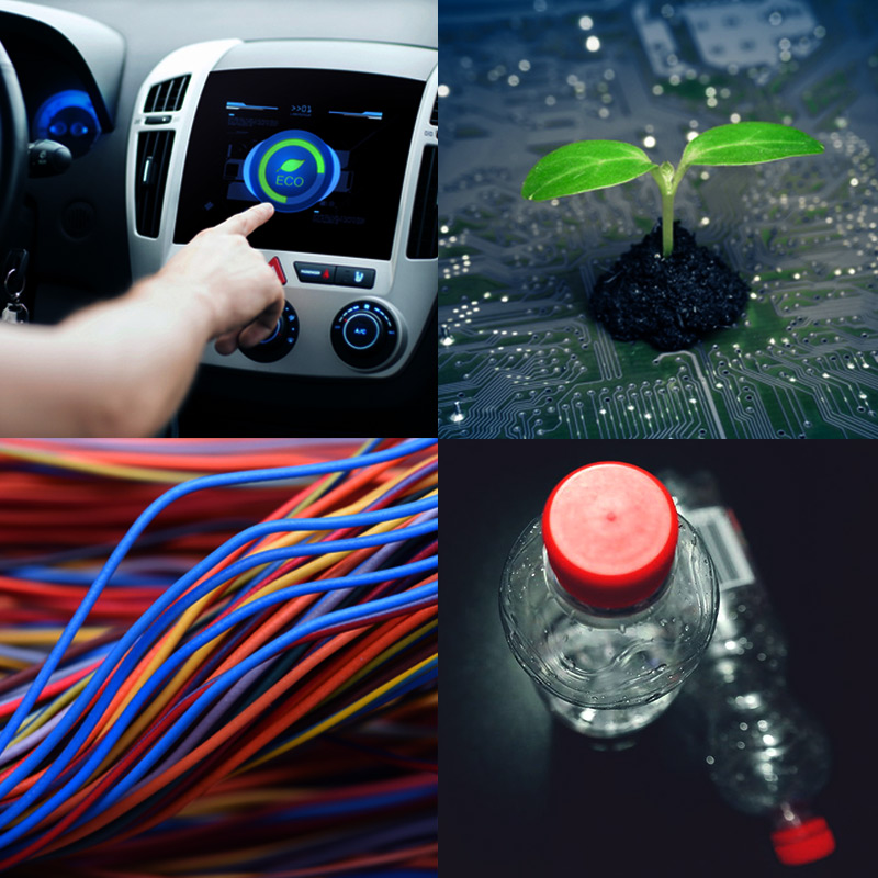 Collage of waste reduction products: eco car, plant, cables, plastic bottles